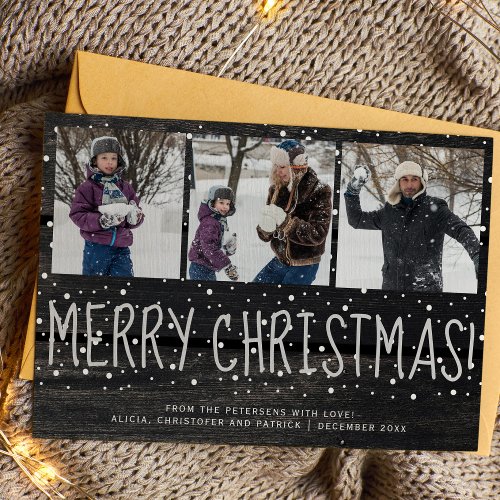 Rustic 3 photo collage wood snow Merry Christmas  Holiday Card