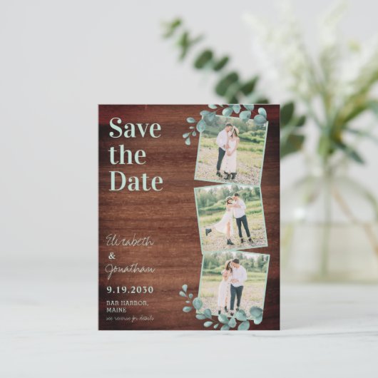Rustic 3 Photo Eucalyptus QR Code Save The Date (Standing Front)