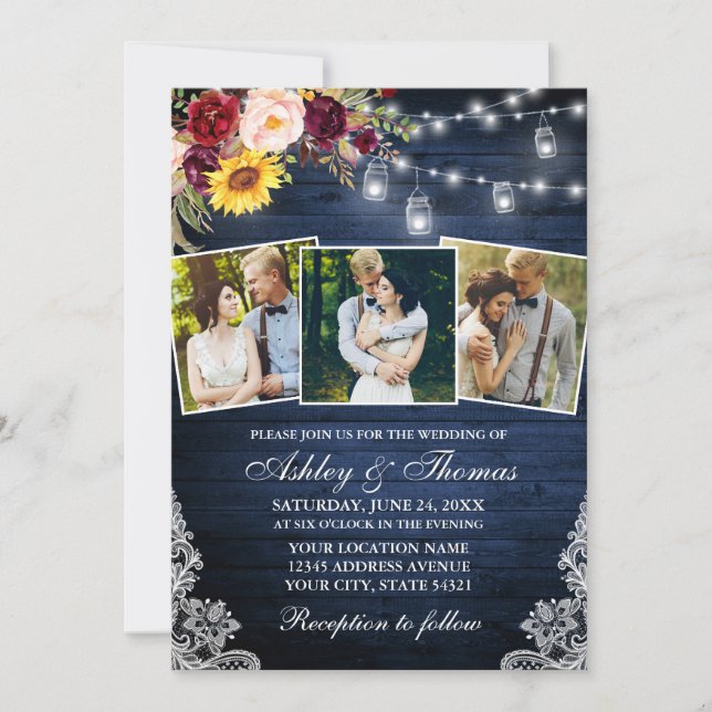 Rustic 3 Photo Jar Lights Mixed Floral Wedding Invitation (Front)