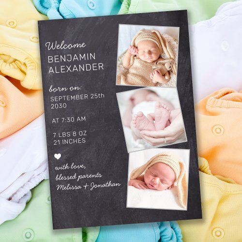 Rustic 3 Photo New Baby Chalkboard Birth  Announcement