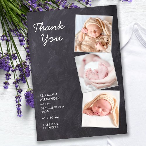 Rustic 3 Photo New Baby Chalkboard Shower  Thank You Card