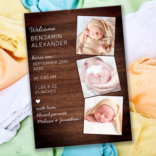 Rustic 3 Photo New Baby Country Wood Birth  Announcement