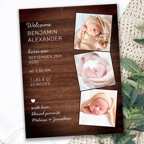 Rustic 3 Photo New Baby Country Wood Birth Announcement Postcard
