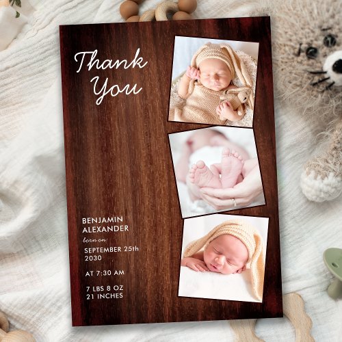 Rustic 3 Photo New Baby Country Wood Shower  Thank You Card