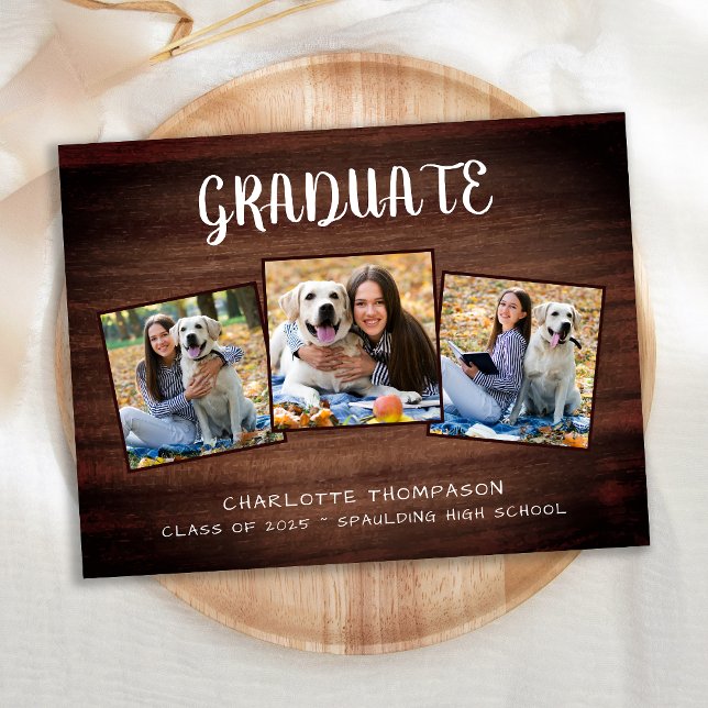 Rustic 3 Photo Wood Graduation Invitation Postcard (Creator Uploaded)