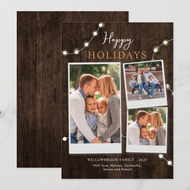 Rustic 3 Photos Wood Look Christmas Holiday Card (Front/Back)