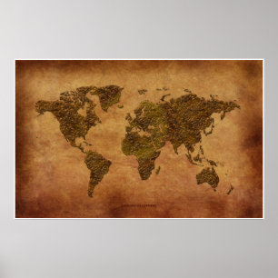 Rustic 3D World Map on Parchment-effect Poster