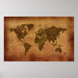 Rustic 3D World Map on Parchment-effect Poster