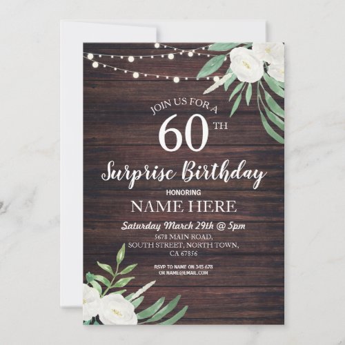 Rustic 40th 60th Birthday Party Wood Floral Invite