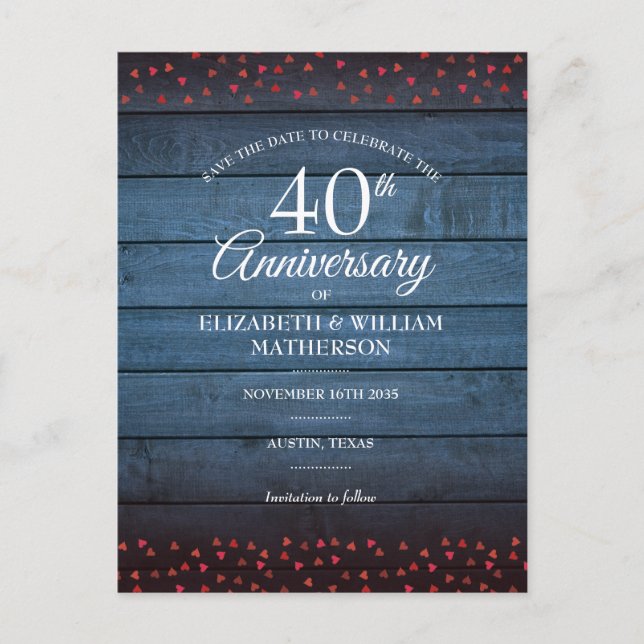 Rustic 40th Anniversary Save the Date Ruby Hearts Postcard (Front)