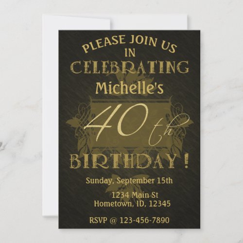 Rustic 40th Birthday Black  Gold Invitation