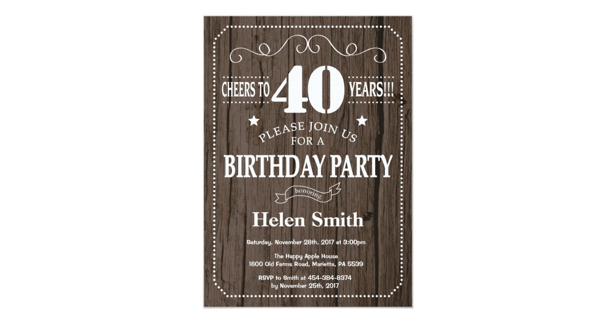 Rustic 40th Birthday Invitation | Zazzle.com