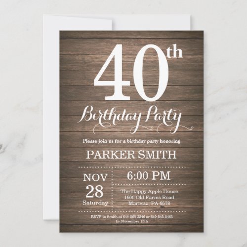 Rustic 40th Birthday Invitation