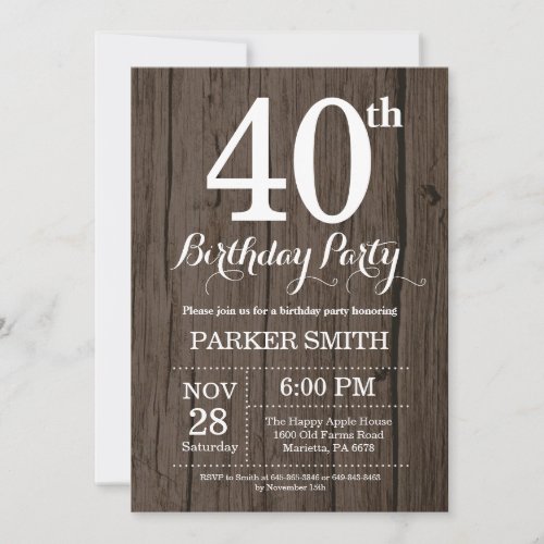 Rustic 40th Birthday Invitation