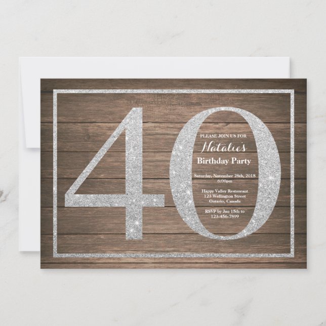 Rustic 40th Birthday Invitation Silver Glitter (Front)