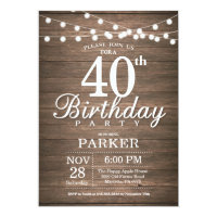 Rustic 40th Birthday Invitation String Lights Wood