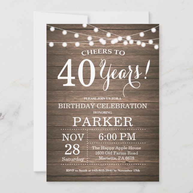 Rustic 40th Birthday Invitation Wood (Front)