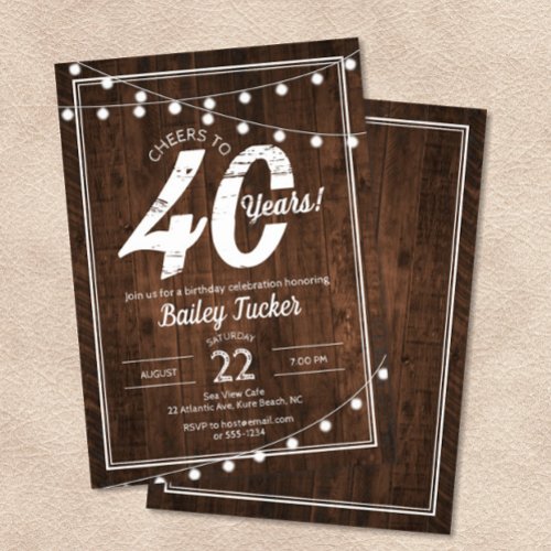 Rustic 40th Birthday with String Lights Party Invitation