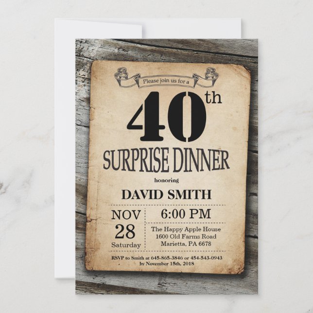 Rustic 40th Surprise Birthday Dinner Vintage Wood Invitation (Front)