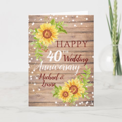 Rustic 40th Wedding Anniversary Sunflower Card