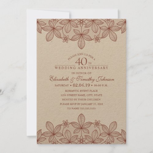 Rustic 40th Wedding Anniversary Vintage Ruby Lace Invitation