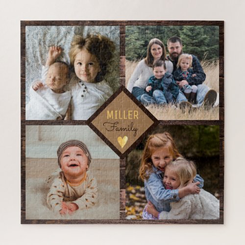 Rustic 4 Photo Collage  Family Name Wood Jigsaw Puzzle