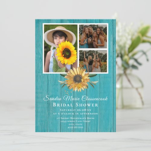 Rustic 4 Photo Collage Sunflower Bridal Shower  Announcement