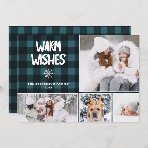 Rustic 4 photo warm wishes green plaid pattern holiday card