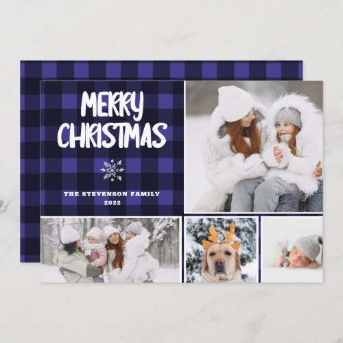 Rustic 4 photos merry Christmas blue plaid pattern Holiday Card