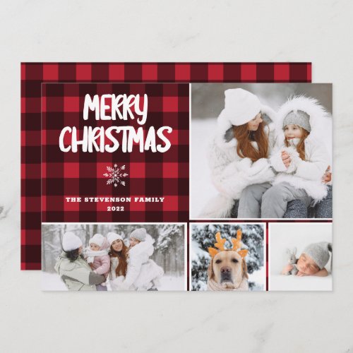 Rustic 4 photos merry Christmas red plaid pattern Holiday Card
