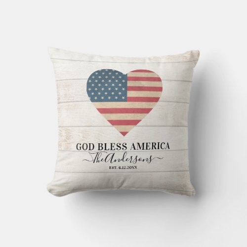 Rustic 4th of July Patriotic Flag Heart  Throw Pillow