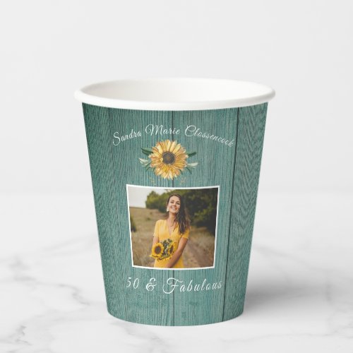 Rustic 50 and Fabulous  Sunflower  Green wood Paper Cups