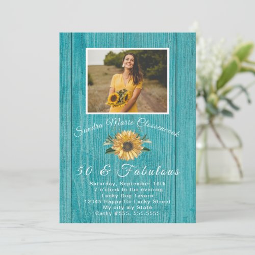 Rustic 50 and Fabulous  Sunflower Teal Birthday I Invitation