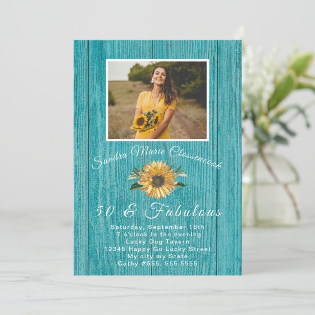 Rustic 50 and Fabulous | Sunflower Teal Birthday I Invitation (Standing Front)