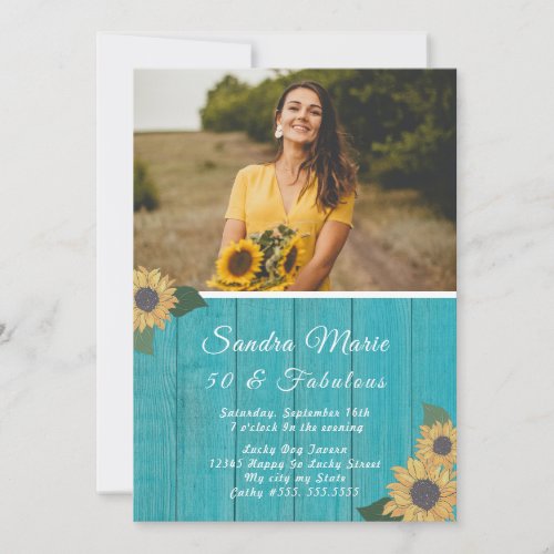 Rustic 50 and Fabulous  Sunflower Teal Birthday Invitation