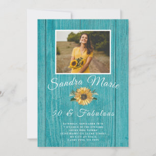 Rustic 50 and Fabulous Sunflower Teal Birthday Invitation