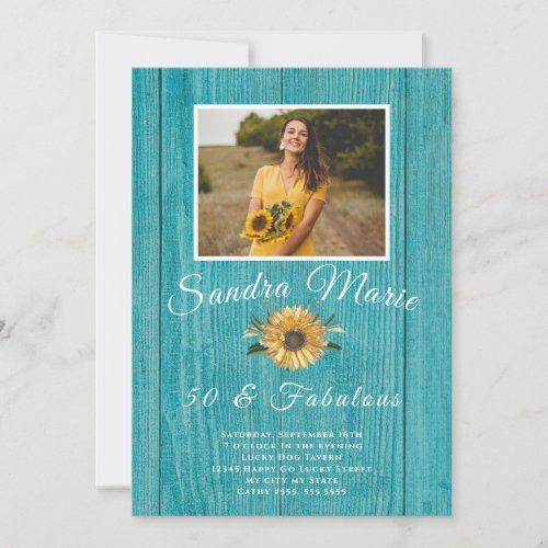 Rustic 50 and Fabulous  Sunflower Teal Birthday Invitation