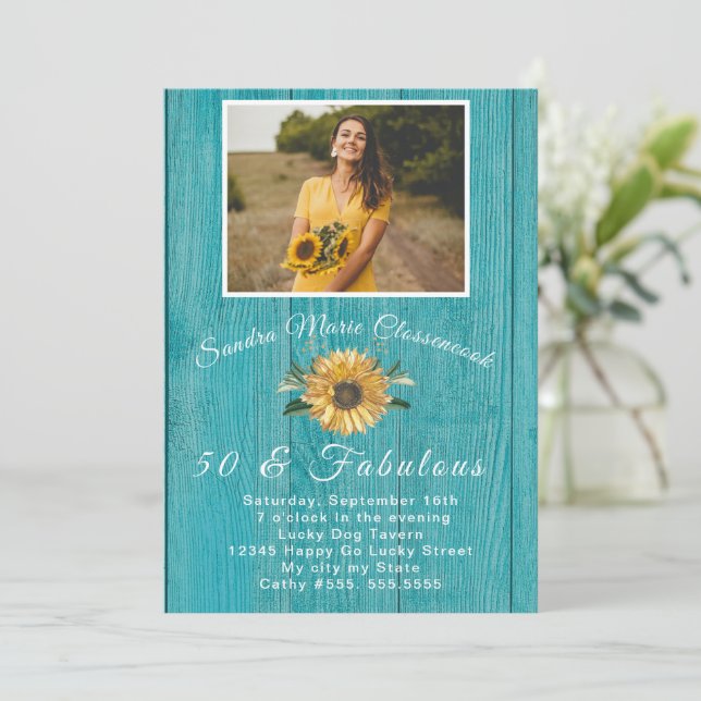 Rustic 50 and Fabulous | Sunflower Teal Birthday Invitation (Standing Front)