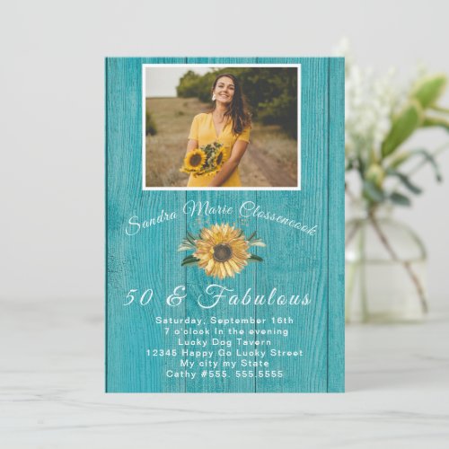 Rustic 50 and Fabulous  Sunflower Teal Birthday Invitation