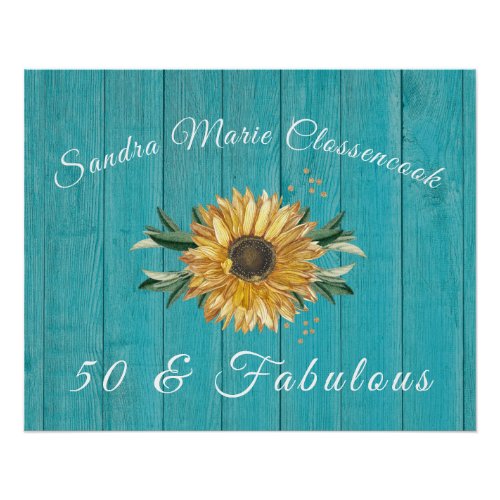 Rustic 50 and Fabulous  Sunflower Teal Birthday   Poster