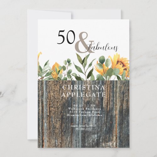 Rustic 50  Fabulous Sunflower Birthday  Invitation