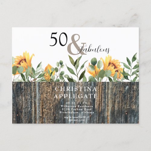 Rustic 50  Fabulous Sunflower Birthday  Postcard