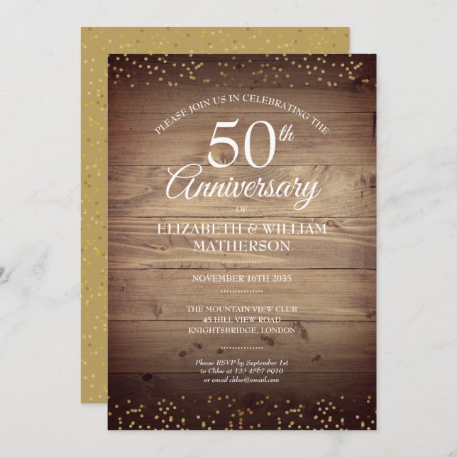 Rustic 50th Anniversary Gold Dust Confetti Invitation (Front/Back)