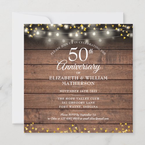 Rustic 50th Anniversary Gold Hearts String Lights Invitation