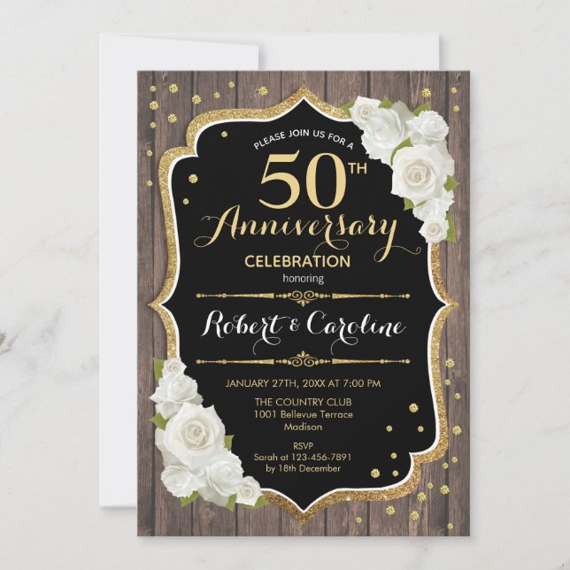 Rustic 50th Anniversary Invitation - Gold Wood (Front)