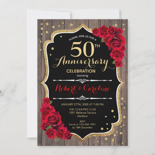 Rustic 50th Anniversary Invitation _ Wood Red Gold