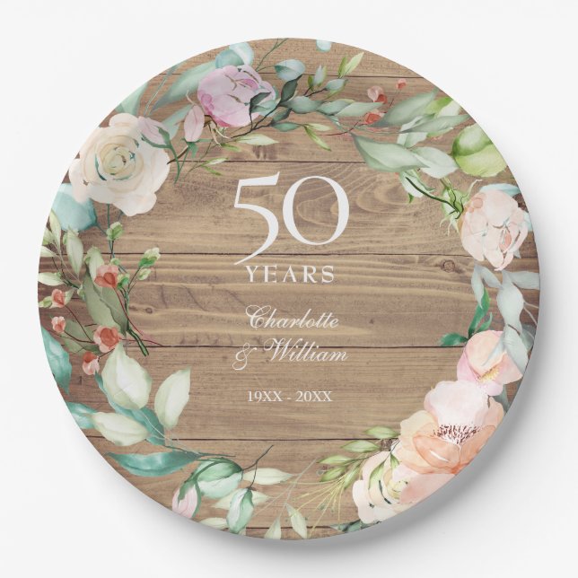 Rustic 50th Anniversary Roses Floral Garland Paper Plates (Front)