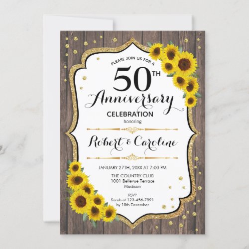 Rustic 50th Anniversary _ Sunflowers Wood Gold Invitation