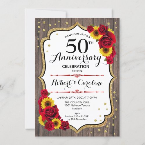 Rustic 50th Anniversary _ Sunflowers Wood Gold Red Invitation