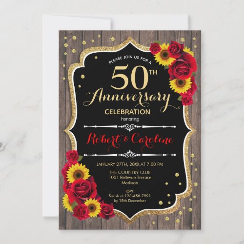 Rustic 50th Anniversary _ Sunflowers Wood Red Gold Invitation